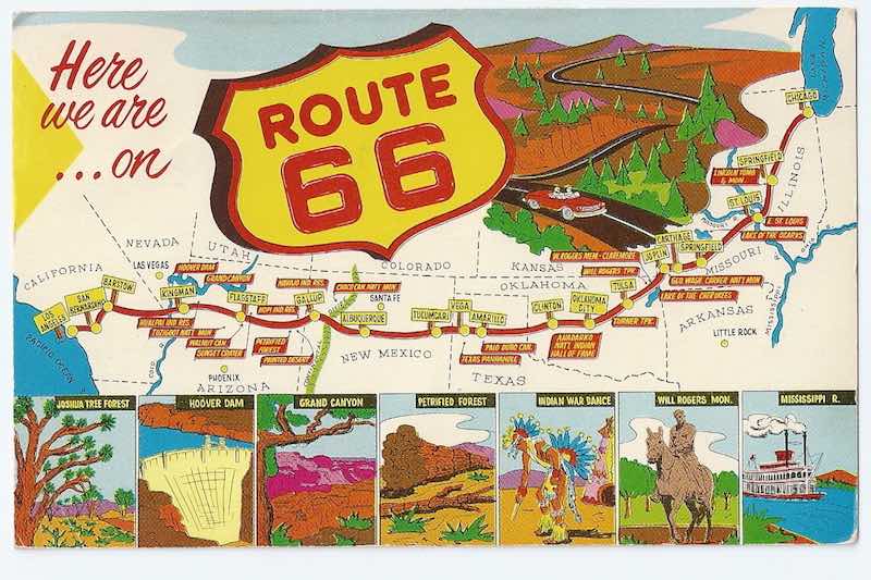 Map of Historic Route 66, The Main Street of America, from Chicago to Los Angeles
